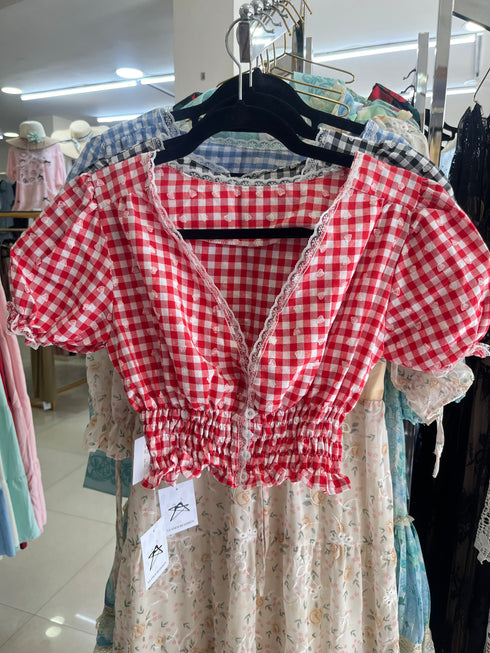 Ladies Cute Gingham Lace Border Puff Sleeves Crop Tops